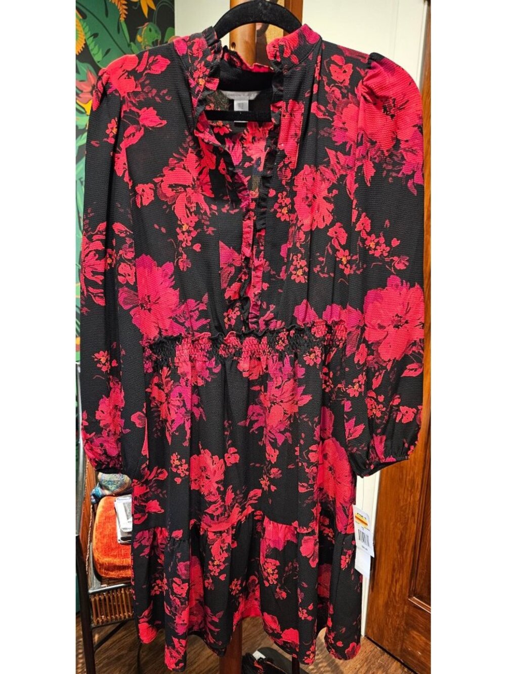 NEW London Times Black & Wine Floral Smocked Tiered Dress - Size 10
